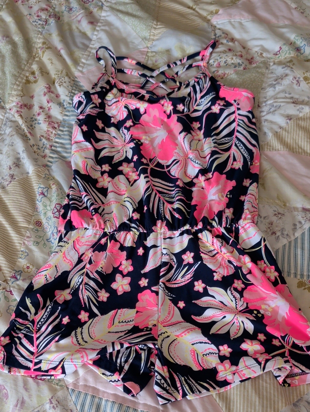 Epic Threads Navy and Pink Floral Strappy Romper